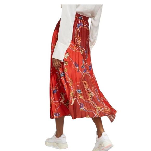 SANDRO Cowboy Boots Print Pleated Red Midi Skirt Size 1 US Small ($295) - Picture 5 of 13
